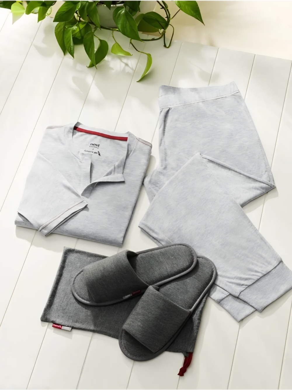 Women's Light Gray Lounge Pajama Set with Dark Gray Slippers